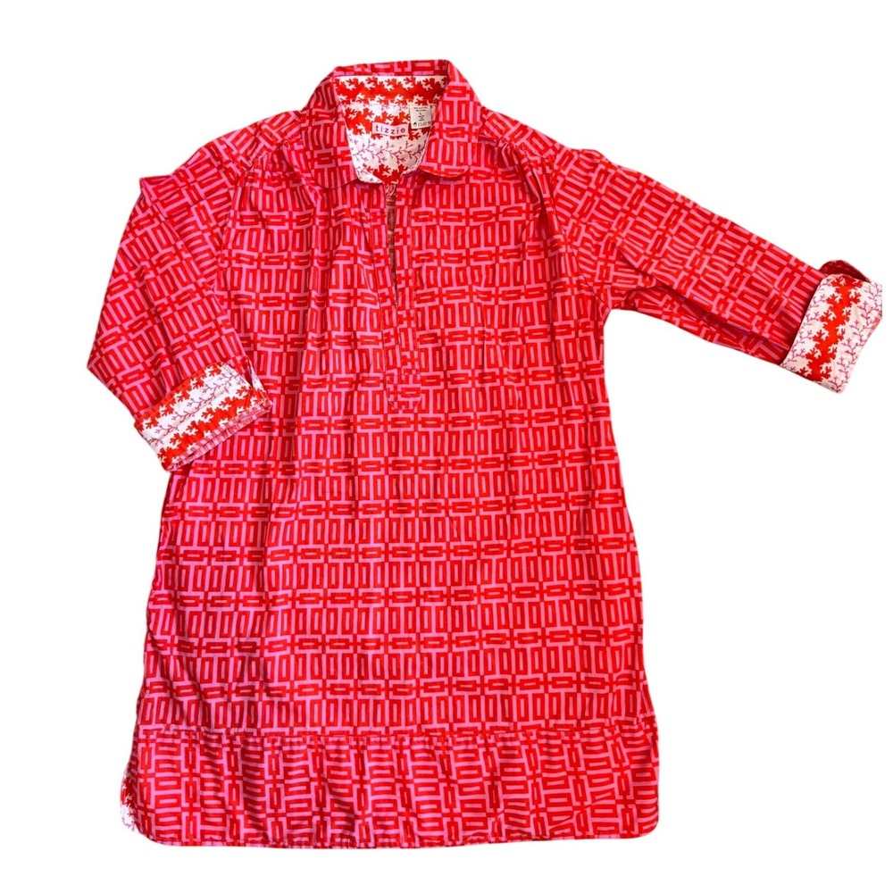 Tizzie Pink Orange Geometric Tunic Dress 3/4 Sleeve Contrast Lining Womens Large